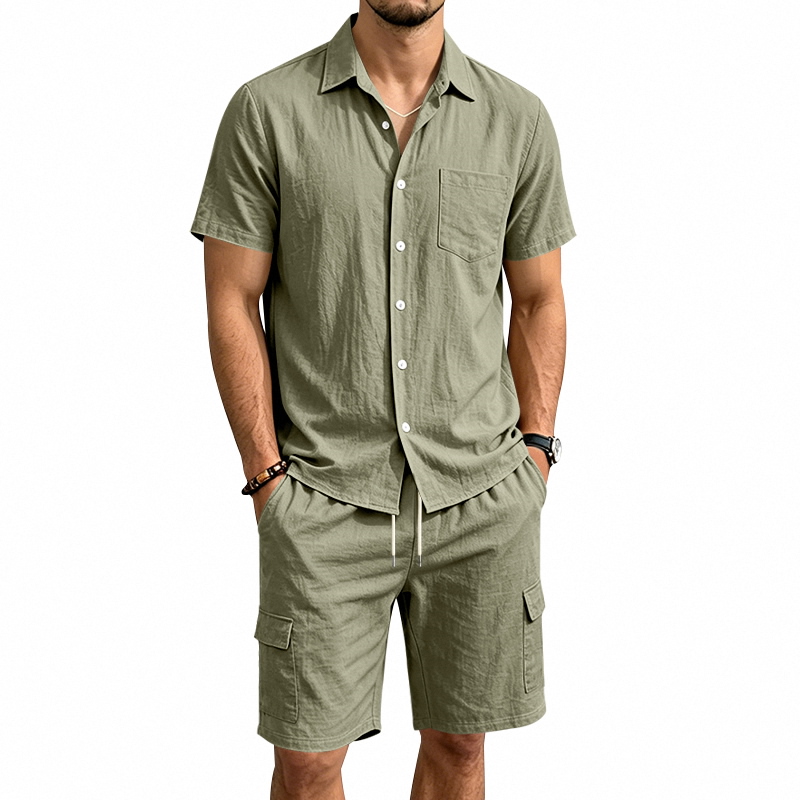 Linen Shirt Breathable - طقم صيفي أمريكي للرجال من قطعتين:
