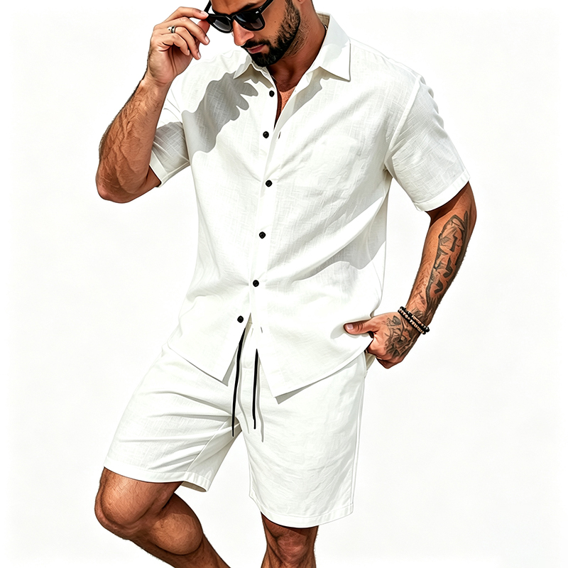 طقم رجالي من قطعتين من الكتان، - مراجعة Short Linen Drawstring وسعره