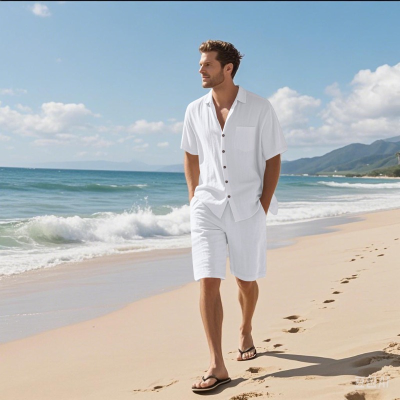 طقم قميص وشورت رجالي من مزيج ا - مراجعة Linen Shirt Breathable وسعره