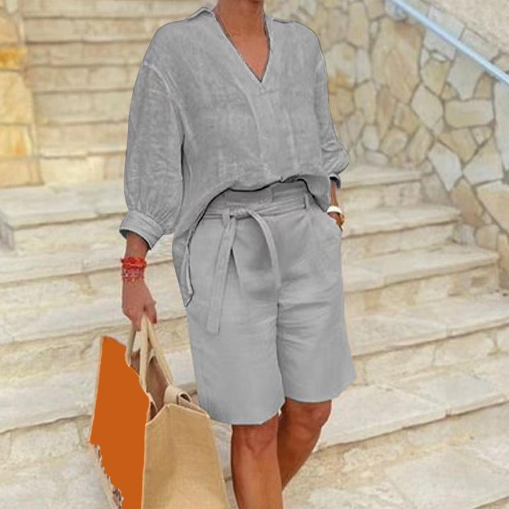 طقم نسائي من قطعتين من القطن و - مراجعة Linen Shirt Breathable وسعره